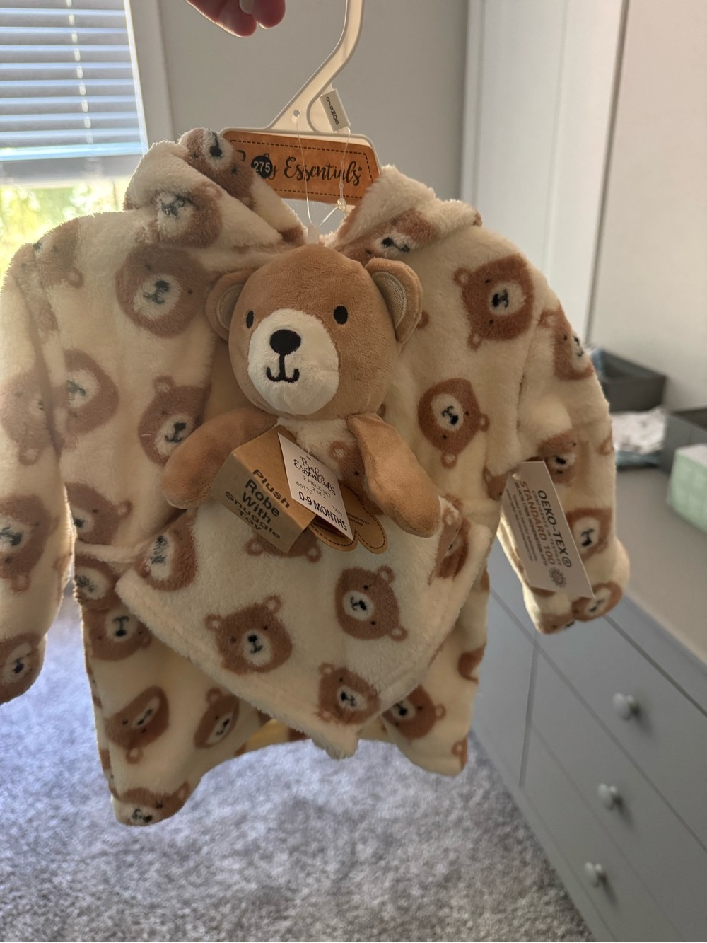 Essentials Cream and Brown Bear Plush robe  with Matching Toy